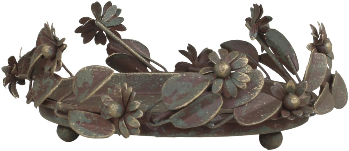 kaarsendienblad met bladeren en bloemen decor kandelaar van ijzer in antiek messing (D12)