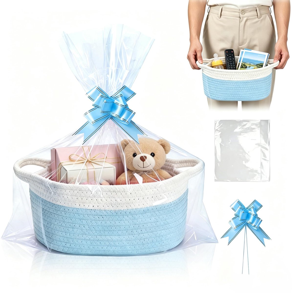 Mand mand kit lege opbergmand met zakken en linten ovale katoenen touw mand voor bruiloft verjaardag housewarming douche feest (blauw en wit)