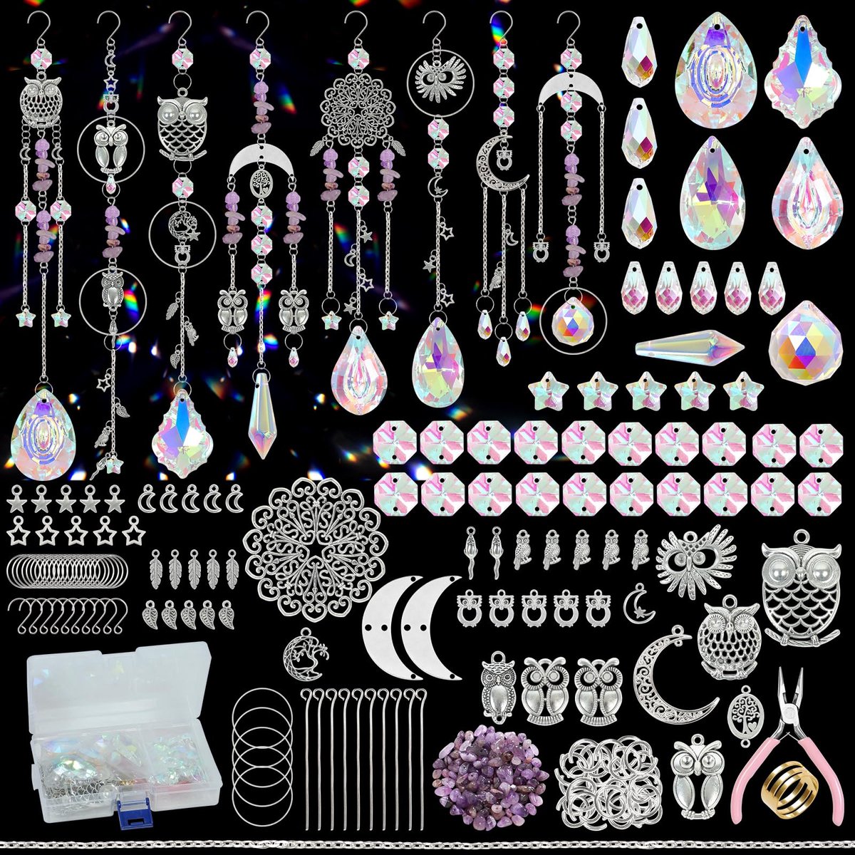 410 Stuks Zonnevangers Kristallen Set AB Glazen DIY Knutselsets Kit Volwassenen Kristallen Zonnevanger Hangers Regenboog Prisma Kristal Windspel Hangende voor Tuin Window Decoratie (Uil)