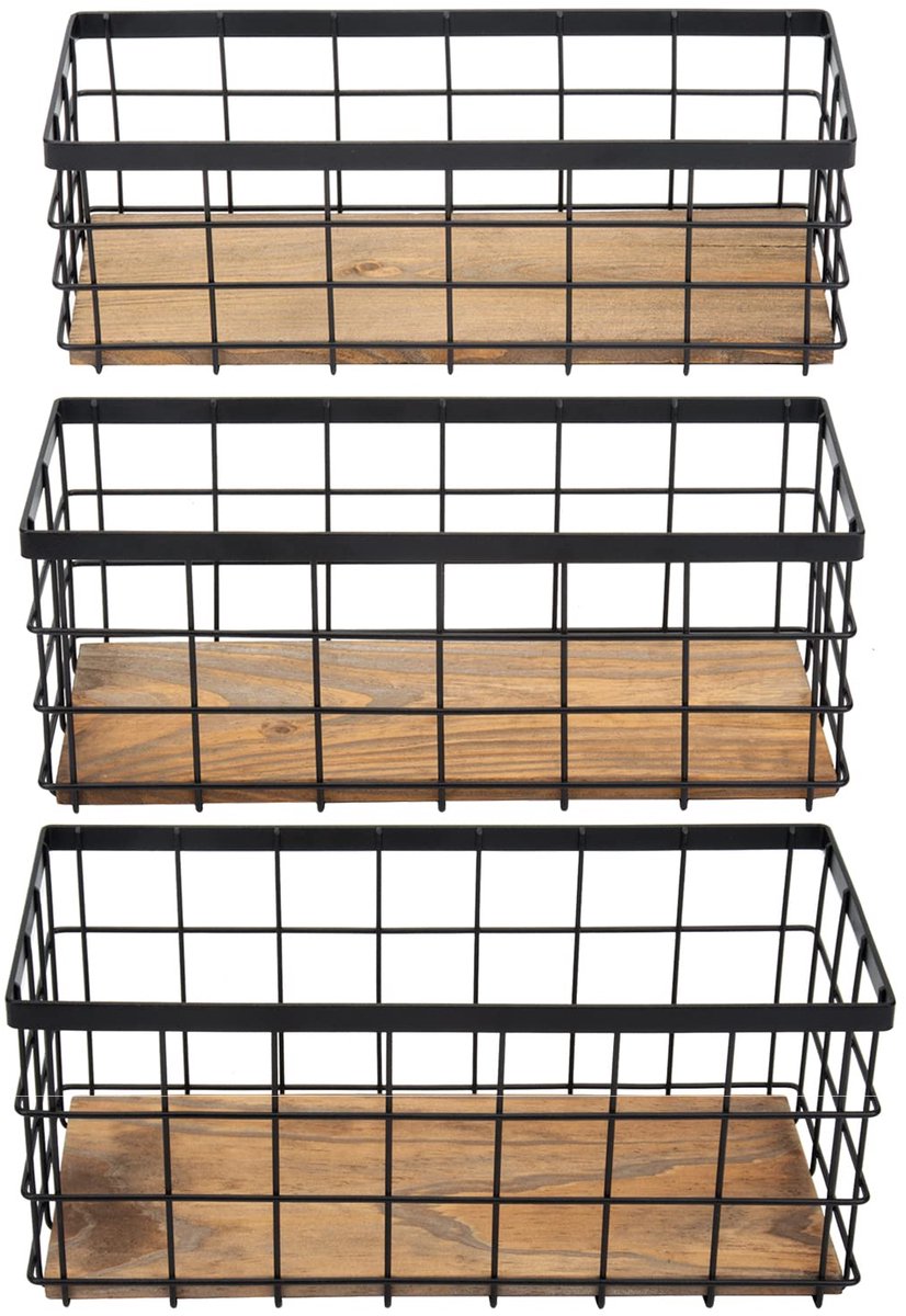 Boerderij Decor Metalen Draad Opbergmanden, Houten Base Containers Organiserende Mand Caddy Bin voor Keukenkasten, Badkamer, Bijkeuken, Garage, Wasruimte, Kasten - Klein - Zwart (Set van 3)