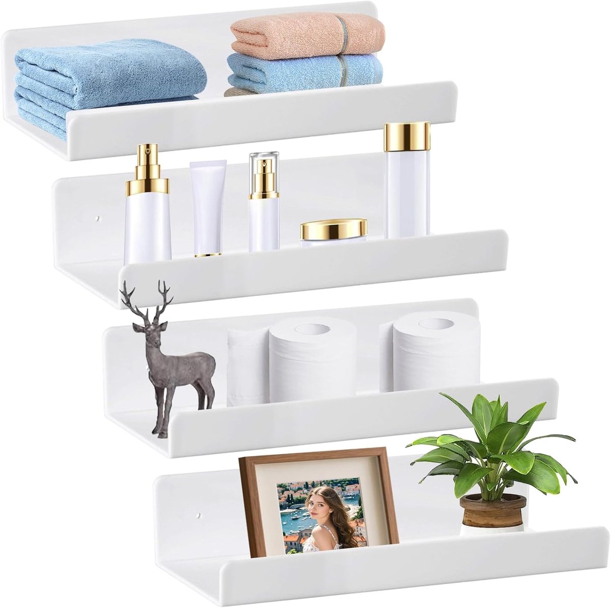 Set van 4 wandplanken, zonder boren, zwevende plank, 30 cm, zelfklevend, acryl, badkamerrek, woondecoratie, wandplank voor boeken, foto's, keuken, badkamer, kantoor, woonkamer
