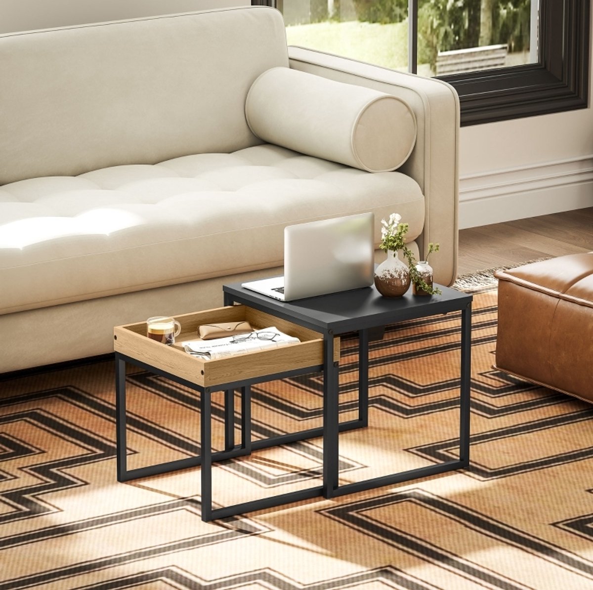 MEUNIQ salontafel set van 2 vierkant 45 x 45 x 45 cm en 40 x 40 x 40 cm, nestbare sofatafels met afneembaar blad, zwart voor woonkamer