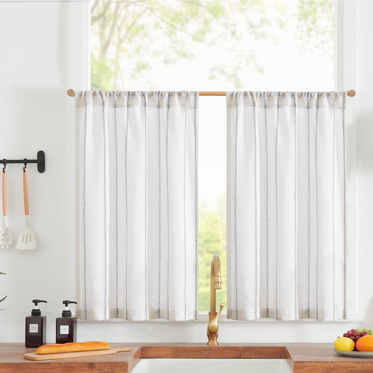 Vitrage Gestreept Linnen Keukengordijnen Boerderij Raamgordijnen Kort voor Woonkamer Badkamer Wasserij Half Raam Gordijnen Licht Filter 65 B x 60 H (cm)*2 Grijs