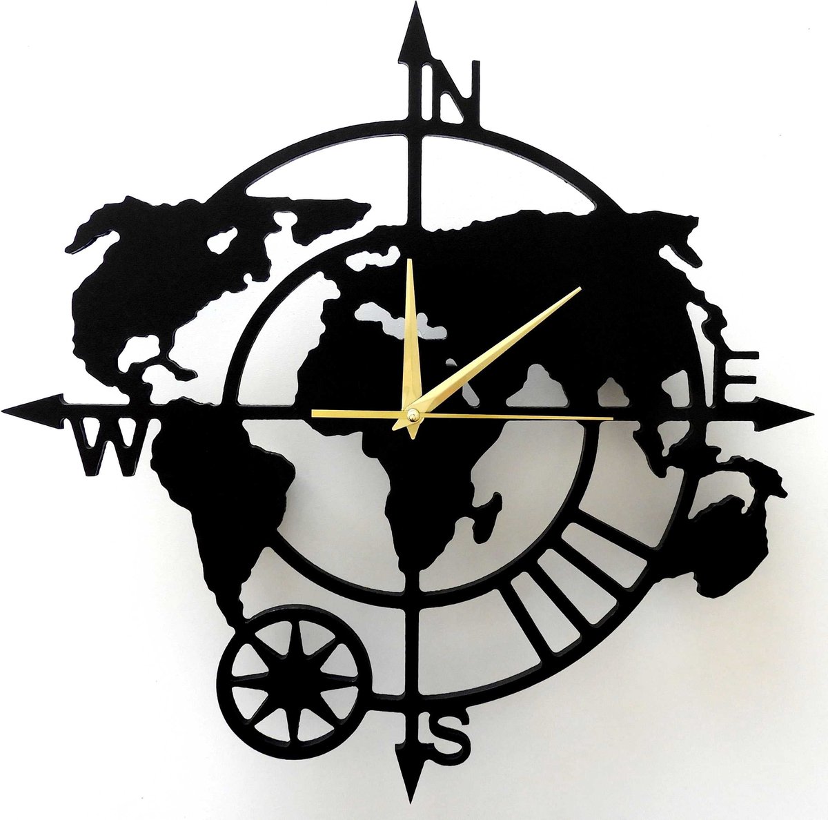 Wandklok wereldkaart originele decoratie zwart 44cm, niet-tikkend, quartz uurwerk, wereldbol, klokken voor woonkamer, slaapkamer, keuken