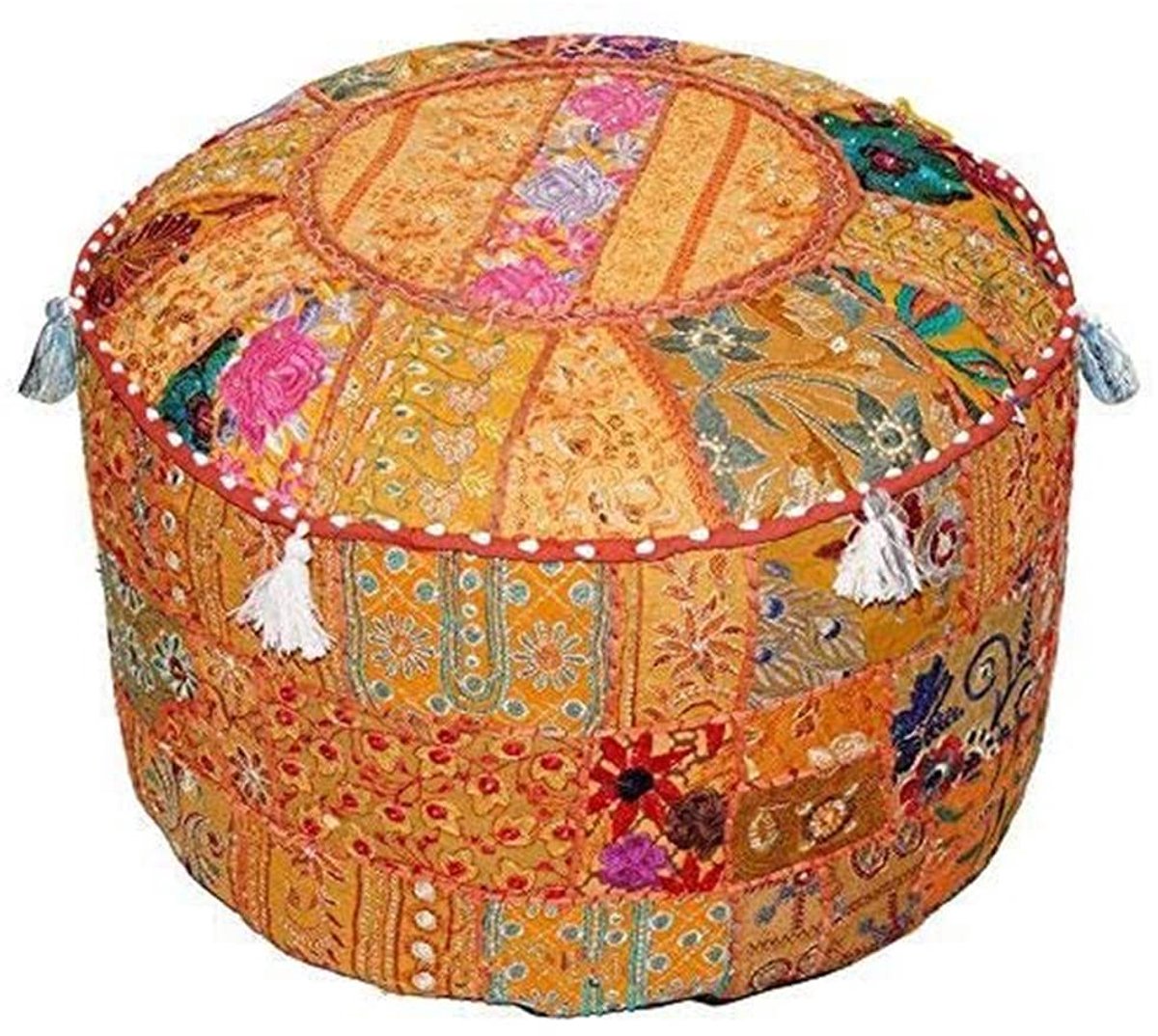 geborduurd, van Indiaas katoen, zitzakhoes, rond, Ottomaanse hoes, alleen overtrek (45,7 x 33 cm) (oranje, 46 x 33 cm)