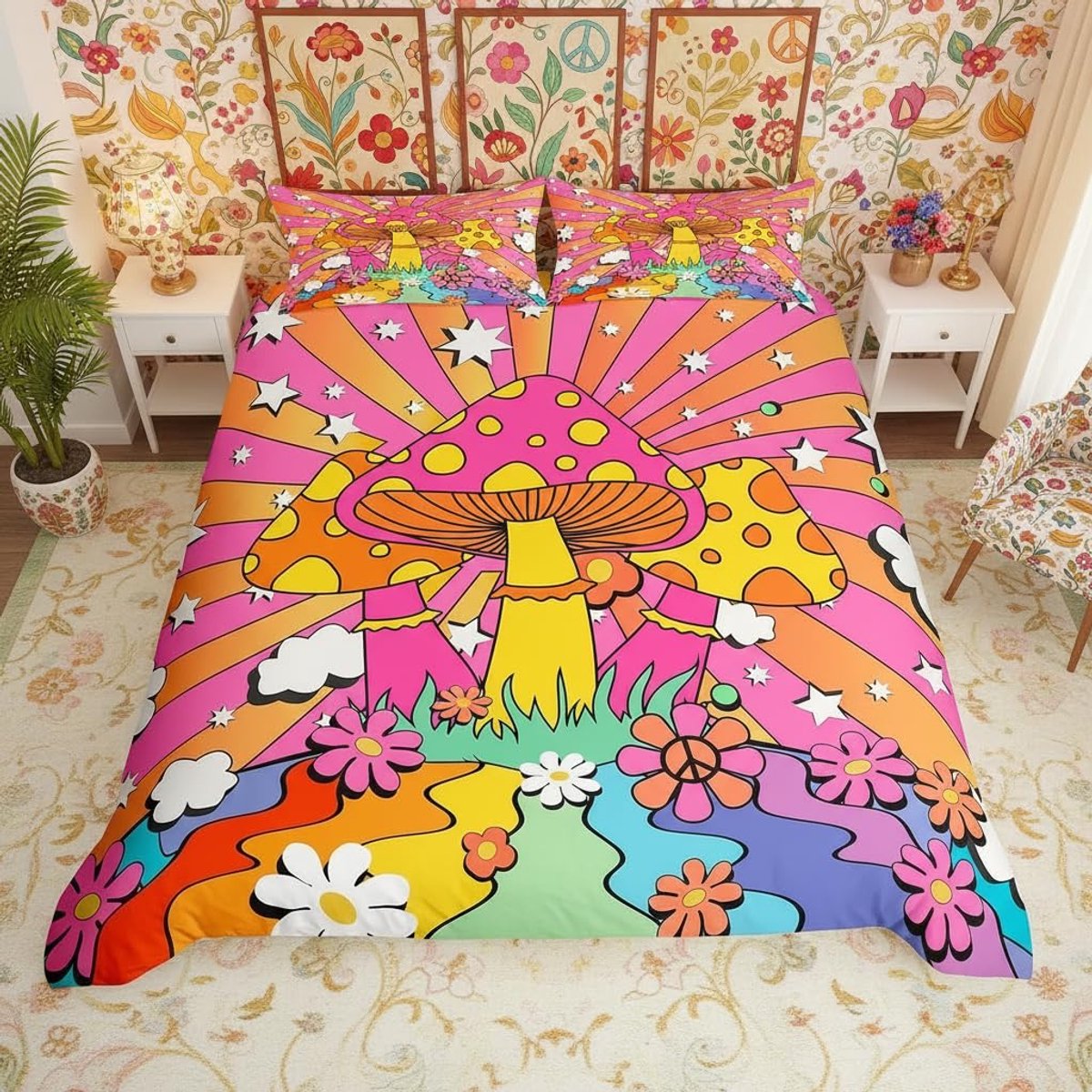 Dekbedovertrekset enkele maat, sterren vrede symbool bloemen print overtrek voor kinderen jongens cadeau, jaren 70 regenboog strepen groovy beddengoedset met 1 kussensloop