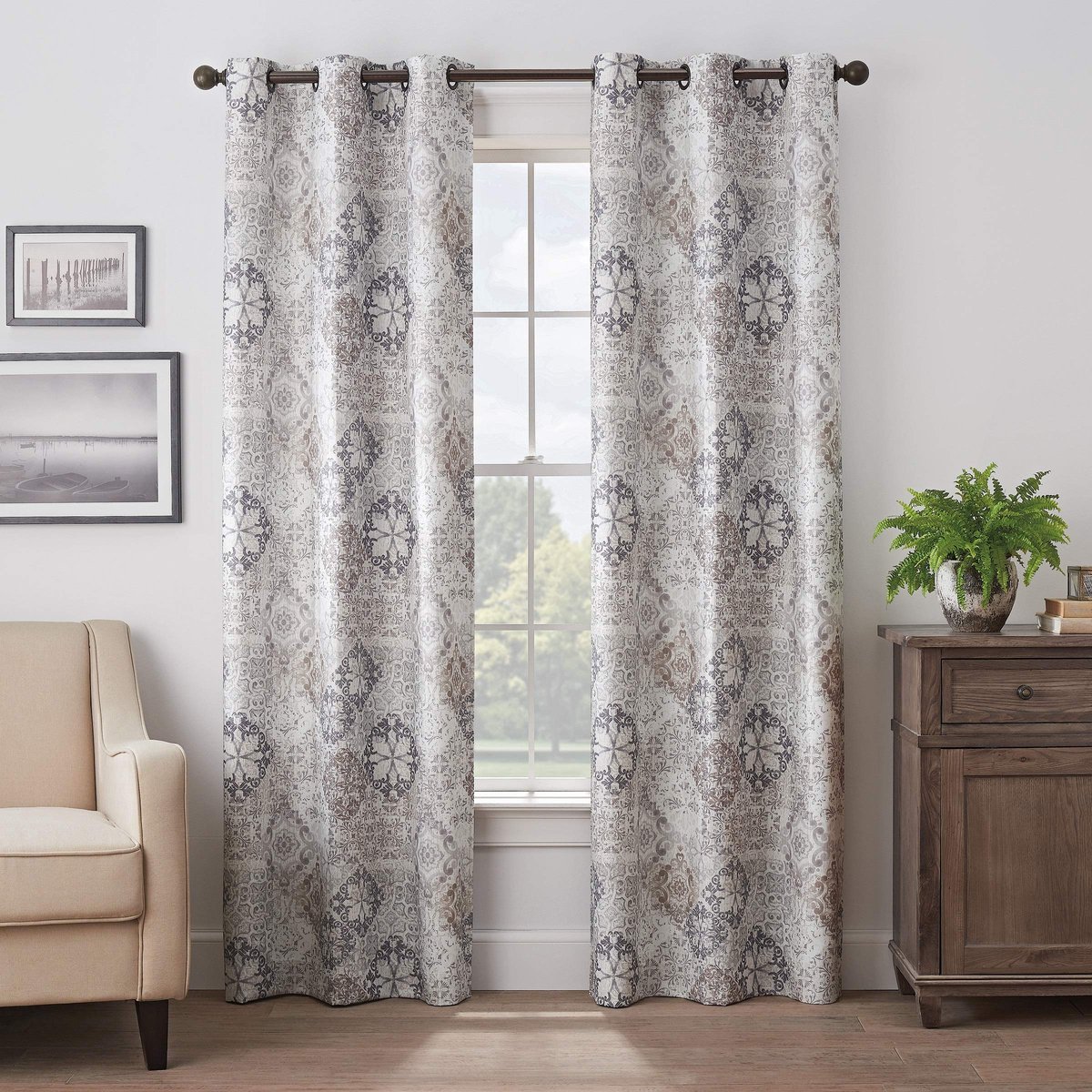 Martina medaillon doorvoertule top gordijnen voor slaapkamer, enkel paneel, 40" x 108", taupe