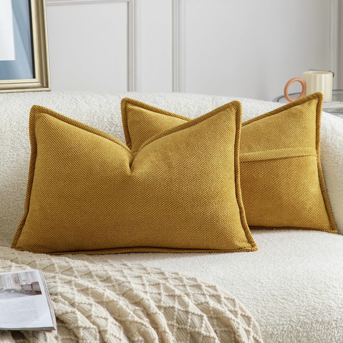 Set van 2 Chenille Franje Kussenslopen Zachte Neutrale Decoratieve Kussens voor Sofa Boho Accent Kussensloop voor Slaapkamer Woonkamer 30x50 cm Mosterdgeel