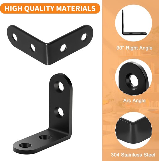 Hoekbeugel van roestvrij staal, 40 x 40 mm, hoekconnector, 90 graden, L-vorm met schroeven voor het bevestigen van houten meubels, 20 stuks, zwart — afbeelding 4