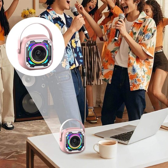 Karaokeset voor kinderen - Uitgerust met 2 microfoons - Bluetooth-luidspreker - Met RGB-verlichting - Draadloze draagbare luidspreker - LED-verlichting - 1200 mAh batterij - Afspelen via USB-stick - Roze — afbeelding 3
