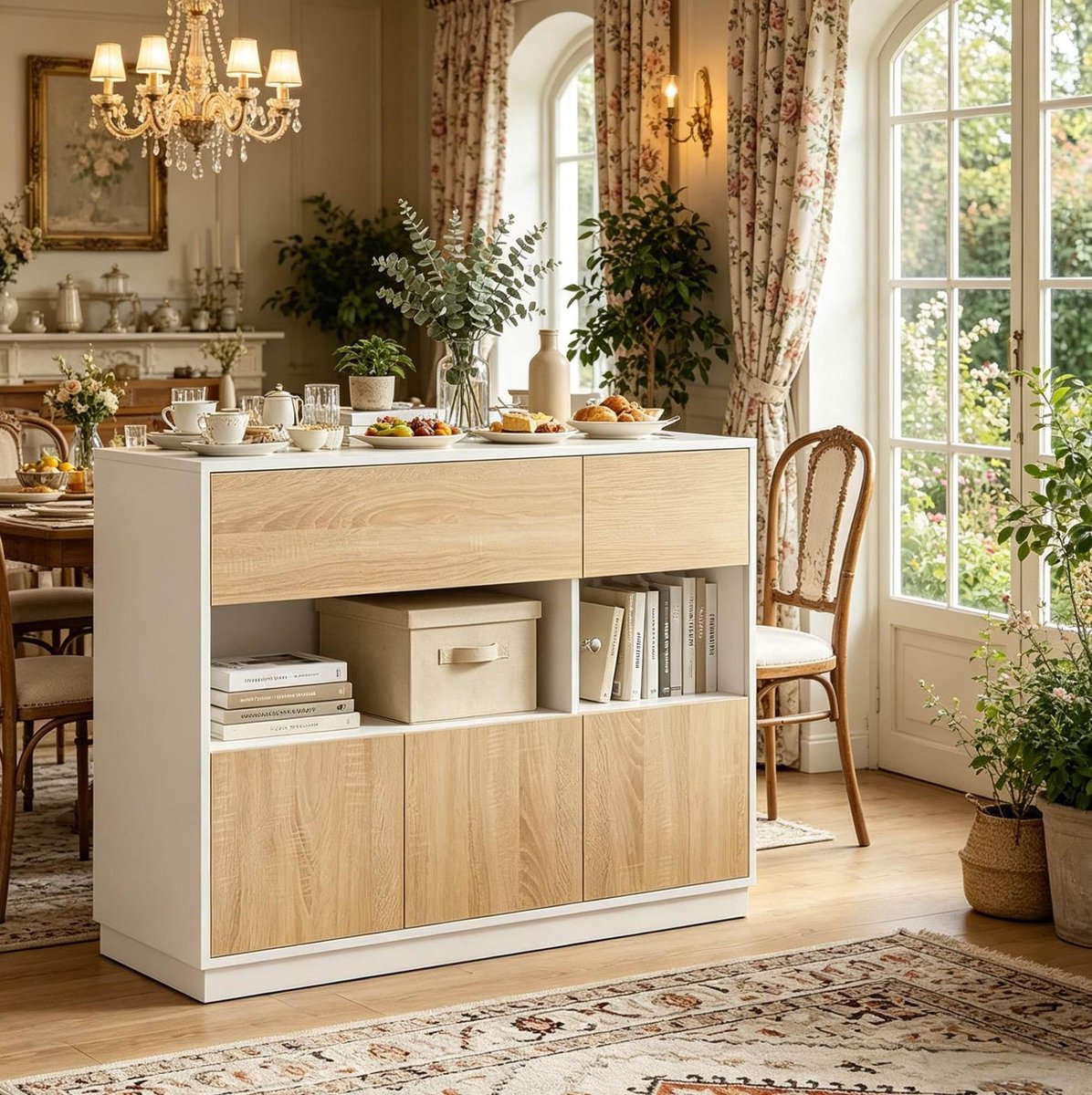 FloraGrace Dressoir - Opbergkast Met Lade En Open Vak - Voor Hal, Woonkamer En Keuken - Houtlook In Wit En Lichte Eik - 100x40x80 Cm