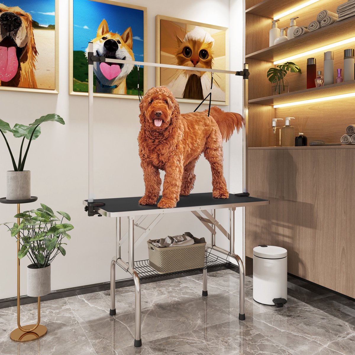 REDOM - Trimtafel voor honden - Verstelbaar en inklapbaar - Met onderkorf en twee aanlijnlussen - Anti-slip rubberen tafelblad - Metaal - Zwart - 107 x 60 x 170 cm