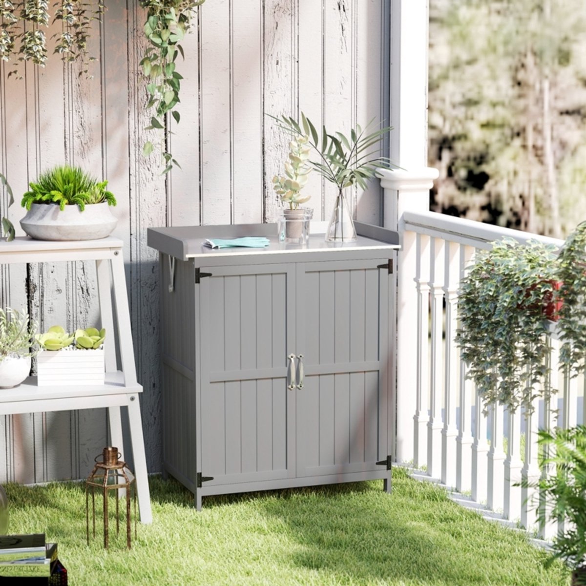 FloraGrace Gartenschrank Opbergkast Met Werkblad En Dubbele Deuren Voor Tuin En Terras Hout Metaal Grijs 74x43x88 Cm