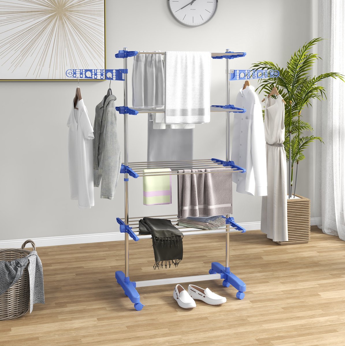 COVREO Droogtoren 142x55x172 cm blauw, roestvrij staal met 6 wielen