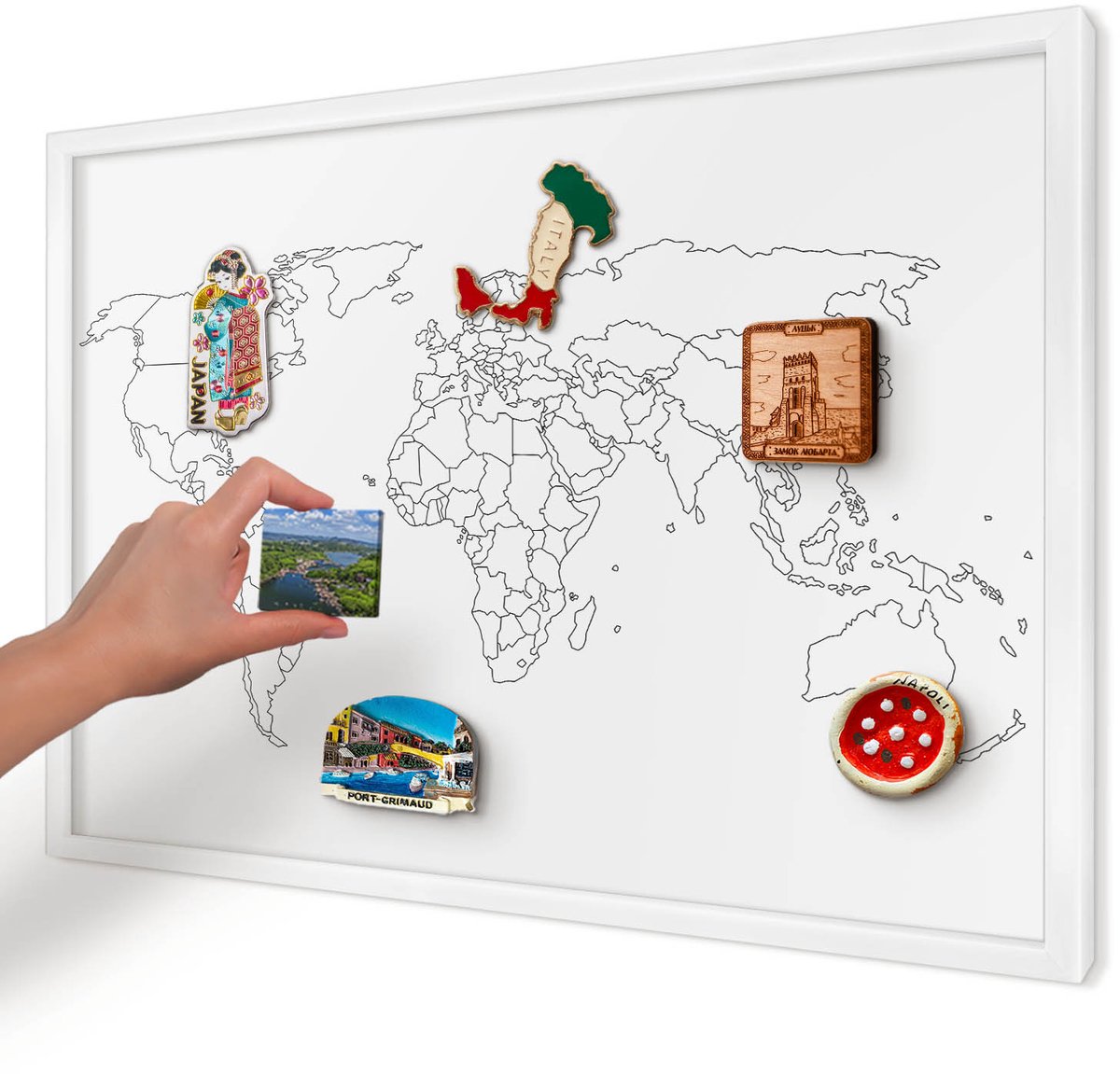 Artprintcave Wit Magneetbord mit Witte Lijst - 60x40 cm - Contourkaart Magneetbord Voor Keuken - Minimalist Wandbord Magnetisch - Kaarten