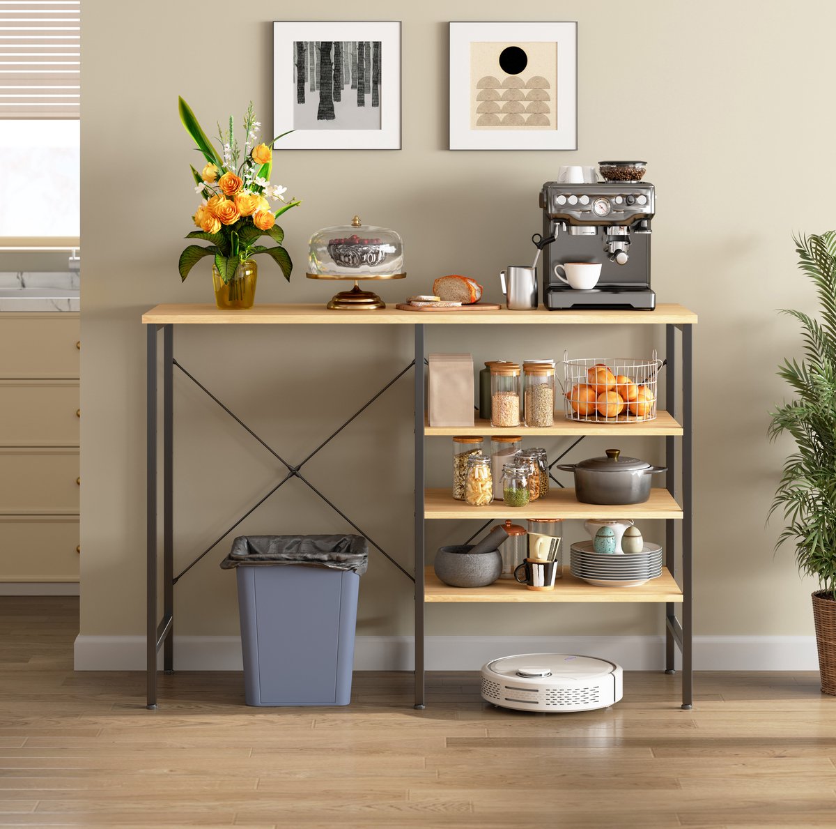 REDOM - Ablagetisch - Organizer Tisch met X-vormige versteviging - Vrij te combineren legplanken - Metaal en MDF - Zwart en naturel - 120 x 40 x 85,5 cm
