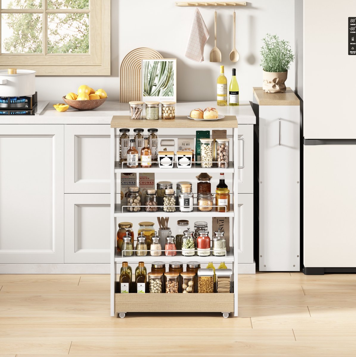 REDOM - Slim storage cart - 4 verstelbare planken - Op wielen - Open opbergrek - Modern - Keuken en badkamer - MDF - Wit en Naturel - 55 x 16 x 85 cm