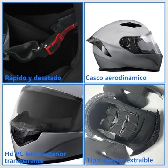Grijze integraalhelm met aerodynamisch ontwerp, uitneembare binnenvoering, snelsluiting en helder vizier.
