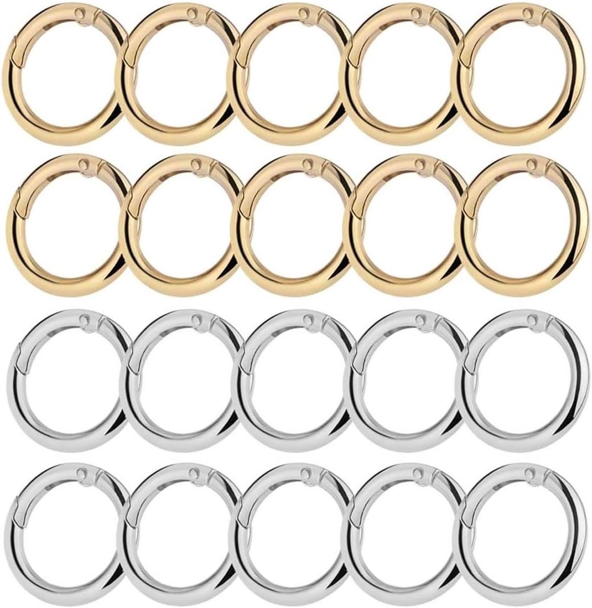 Set van 20 ronde karabijnhaken van 25 mm, veerkarabiners voor sleutelhangers, handtassen en knutselprojecten in zilver en goud