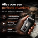 Zwarte scheerapparaat met Viking-logo, getoond met informatie over functies.