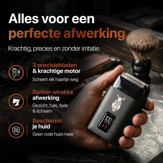 Zwarte scheerapparaat met Viking-logo, getoond met informatie over functies.