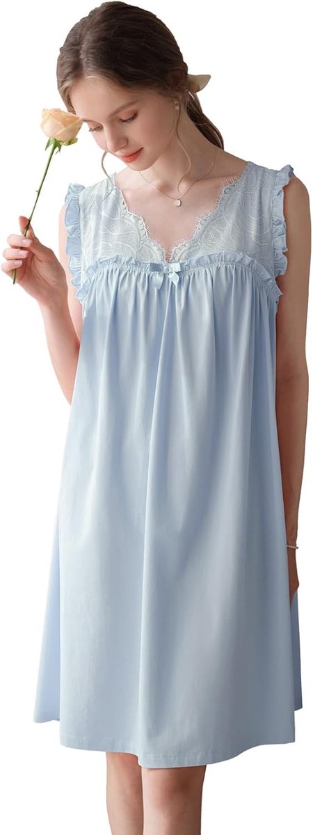 Zomerse Katoenen Nachtjapon voor Dames - Mouwloos Slaapkleed met V-hals en Kant - Comfortabele Loungewear voor Thuis en Slapen