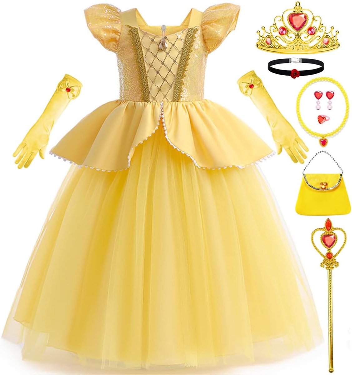 mooie verkleedkleding voor meisjes, met accessoires, jurk voor meisjes, geel, voor Halloween, party, carnaval, verjaardag