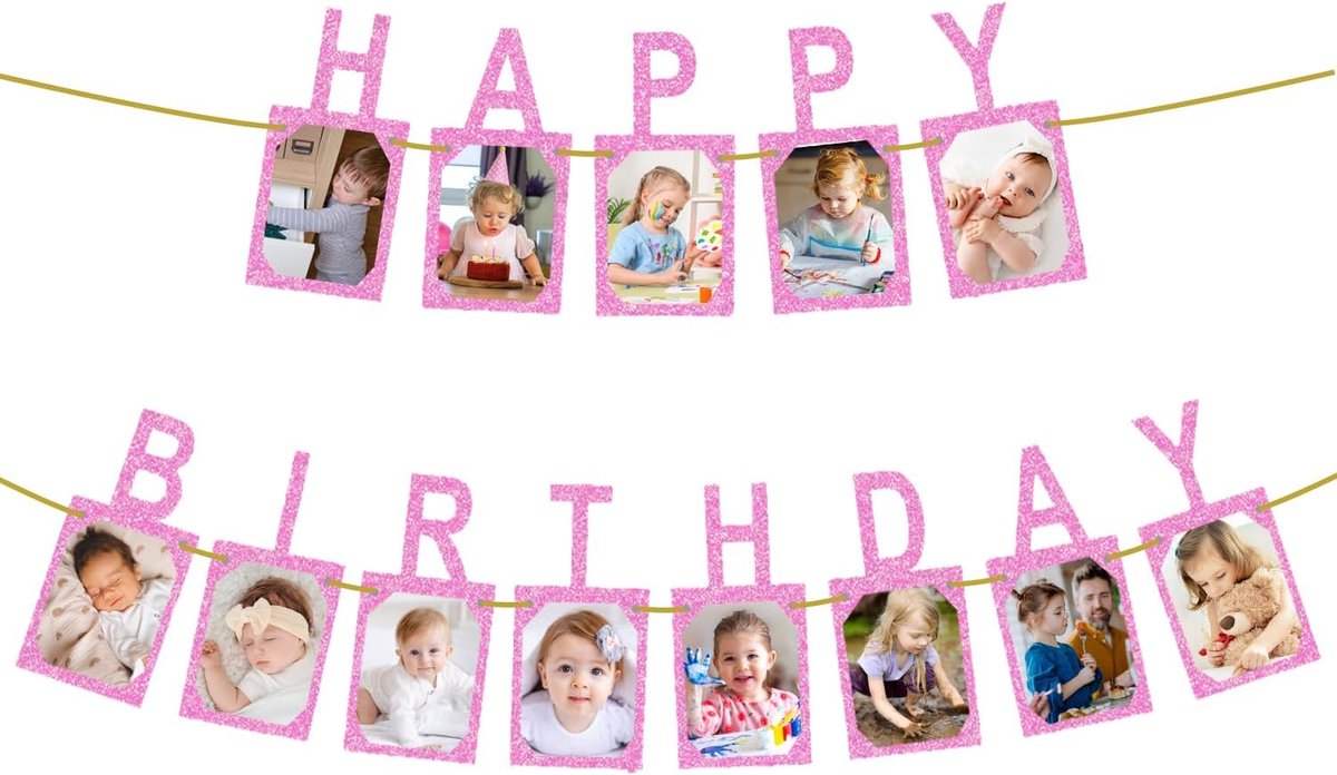 SnelShoppen - Happy Birthday Foto Banner, Glitter Kraft Papier Fotobanner Album met 13 Foto Kaarten, Feestdecoratie voor Kinderen en Volwassenen, Paar