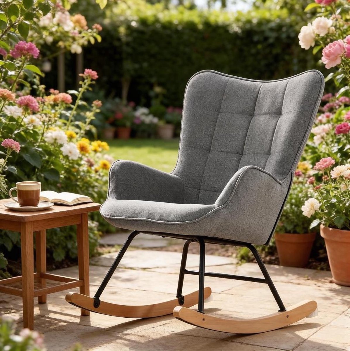 MODENUIT Fauteuil - Schommelstoel met Hoge Rugleuning - Voor Woonkamer en Leeshoek - Velvet - Donkergrijs