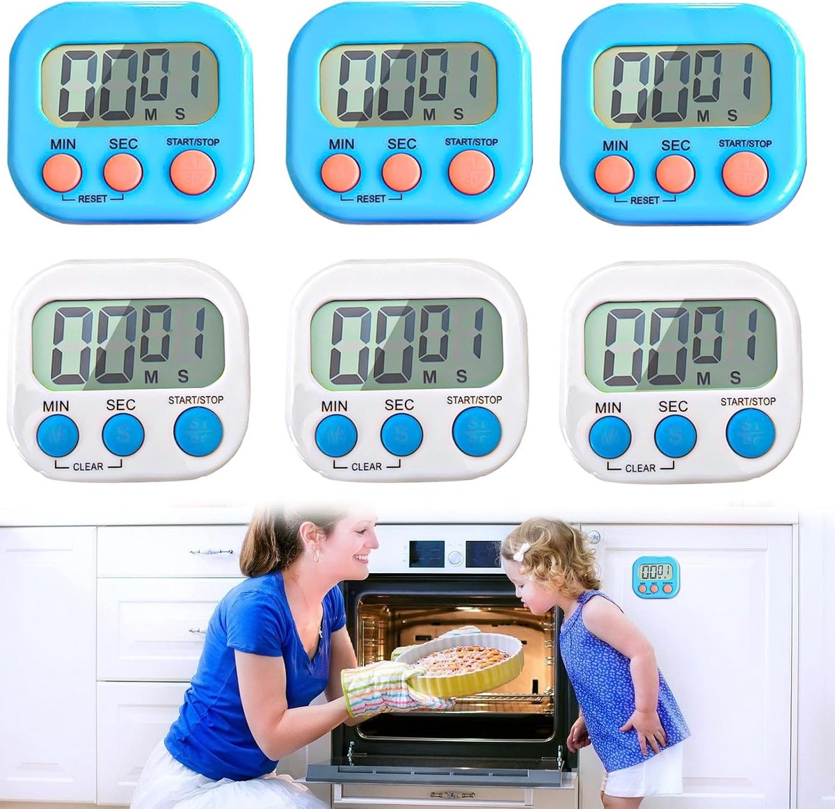 Pakket van 6 magnetische stopwatch timer: Nizirioo 2 kleuren digitale keukentimer met klok met groot LCD-scherm, geruisloos voor keukens, kantoren, sport (batterijen niet inbegrepen)