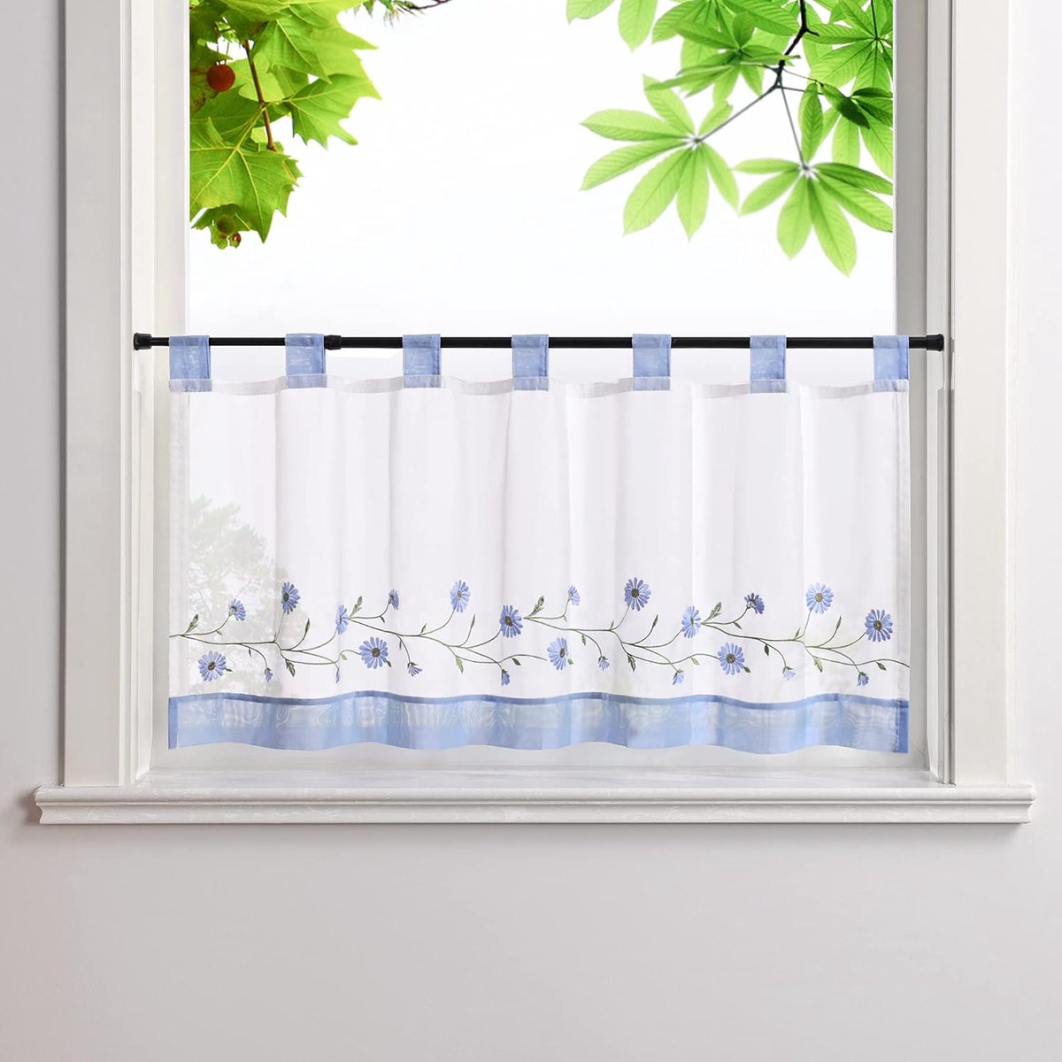 Geborduurde vitrage, Voile korte gordijnen, blauw BxH 140x45 cm | Kort gordijn met lussen, pastorale keukengordijnen, landhuisstijl bistrogo