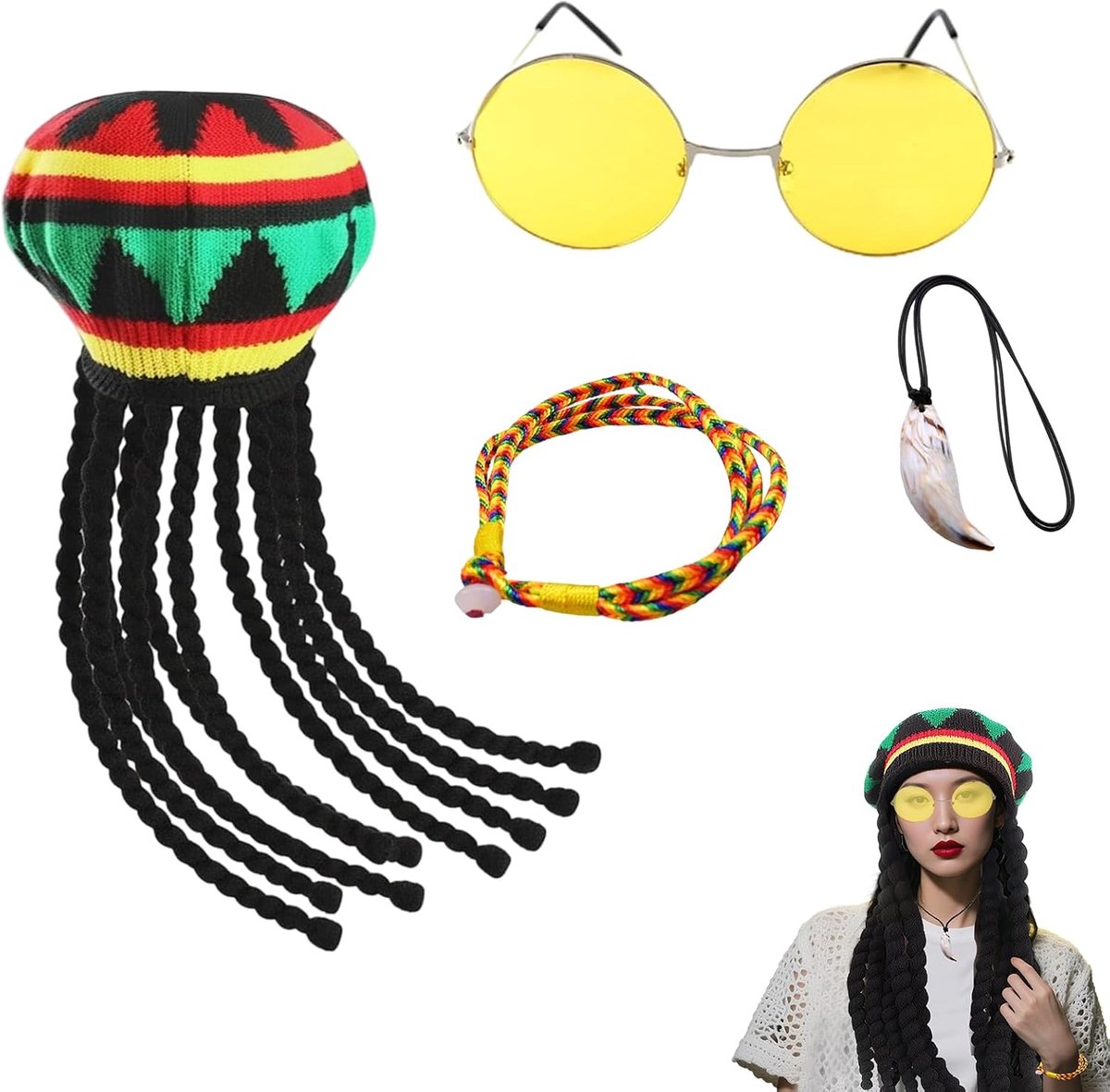 Rasta Hoed,Gevlochten Hoed met Gele Bril | Halsketting en Armband, ideaal voor Cosplay en Halloween