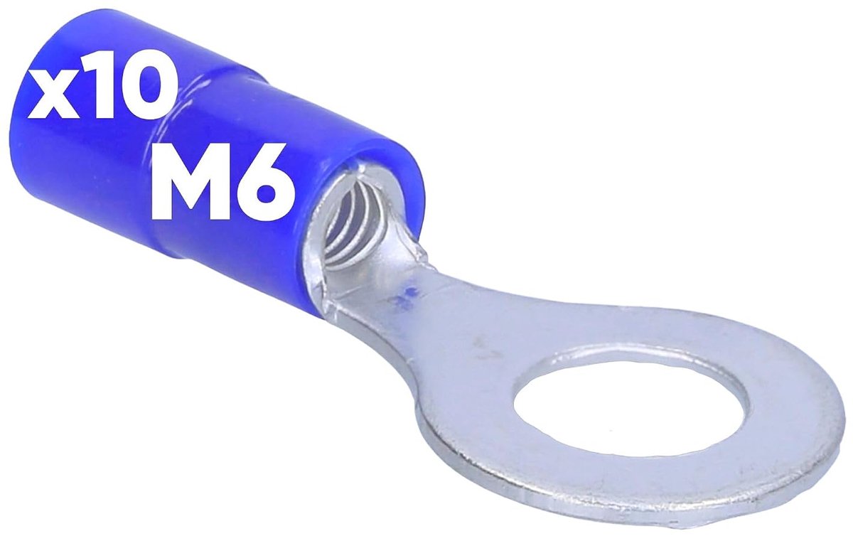 10x Ringkabelschoen M6 Blauw - 1,5-2,5 mm² Geïsoleerde | Vertinde koperen kabelklemmen met PVC-isolatie voor veilige elektrische verbindingen, geschikt voor krimptang montage.