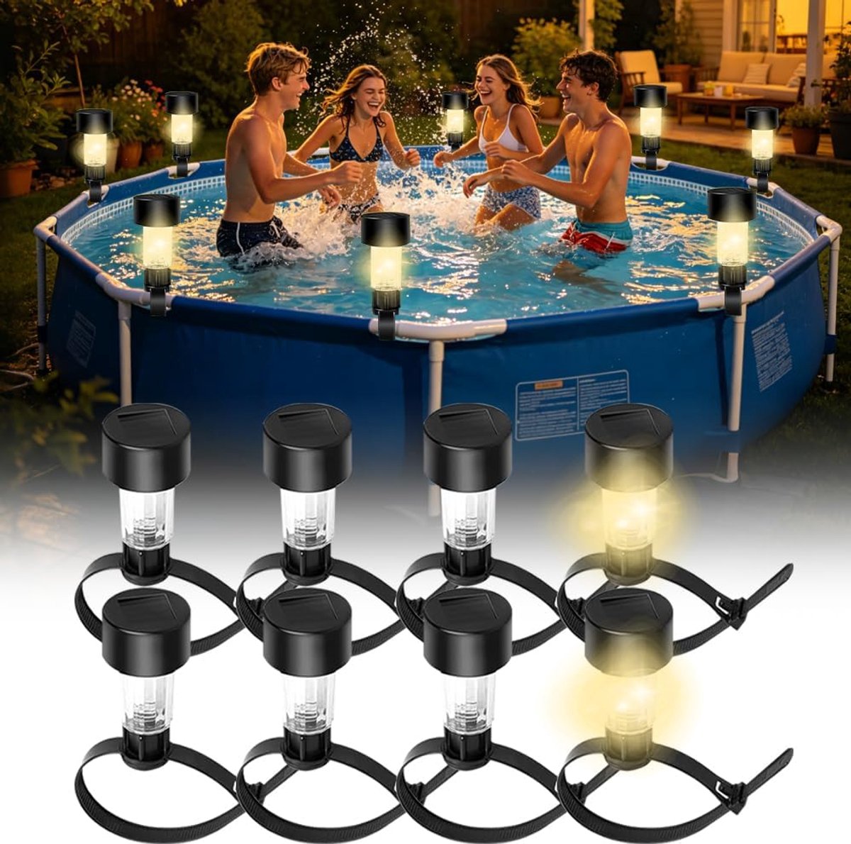 Poolverlichting op zonne-energie voor frame zwembaden, 8 stuks led-vijververlichting op zonne-energie met kabelbinders, waterdichte omheiningsverlichting op zonne-energie voor zwembad, tuin, decoratie