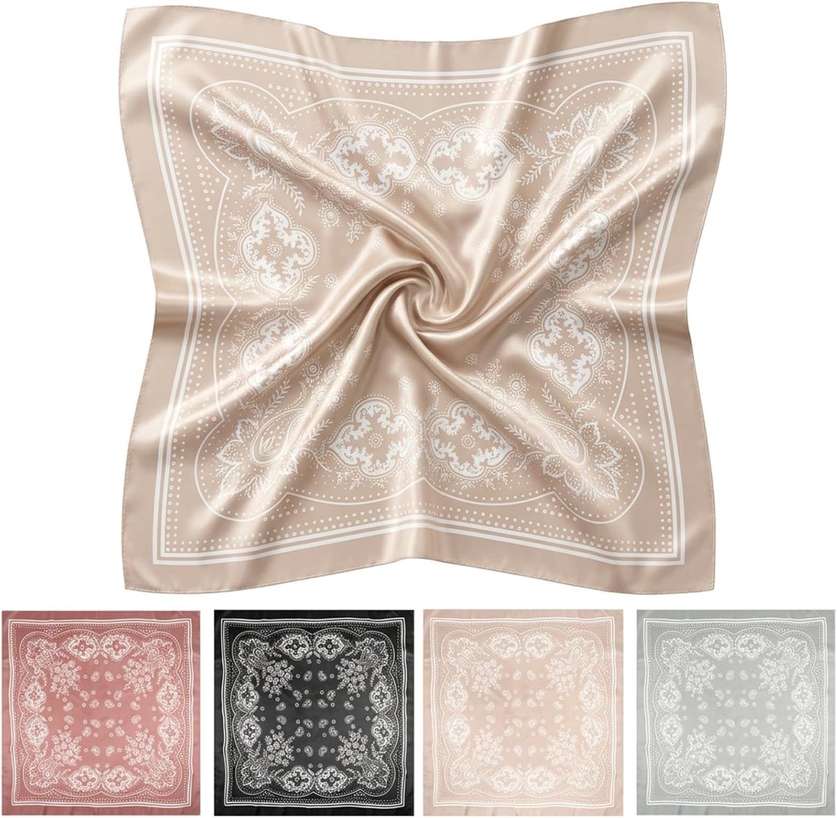 4 stuks 90 x 90 cm grote vierkante sjaals voor dames, bandana, hoofddoek, haardoek, zijde, 89 cm, vierkante haardoek, halsdoek, haaraccessoires, satijnen sjaal, zijden doek voor haar