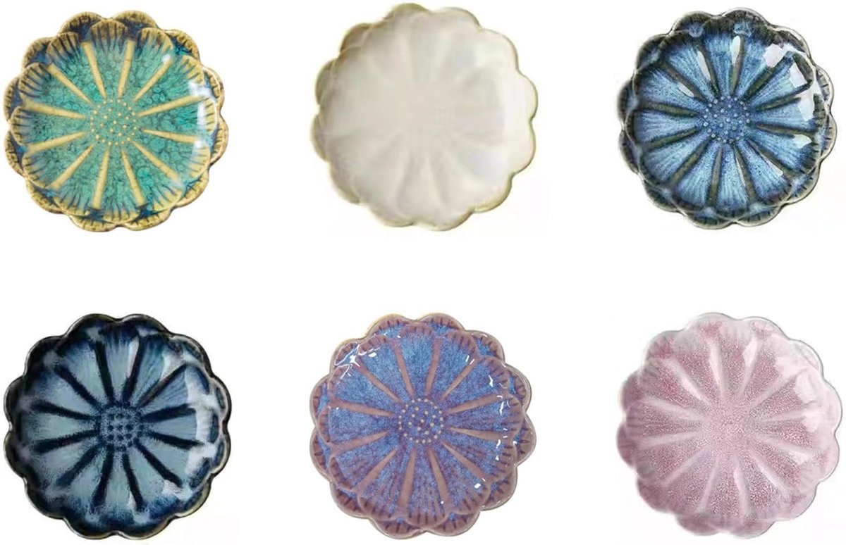 Set van 6 dipschalen van keramiek, diameter 11,3 cm, bloemenvorm, kruidenschalen, klein, snackschalen, sausschaaltjes, jamschaaltjes, voor dip, sushi, tapas, soja, ketchup en buffet, sojasaus,