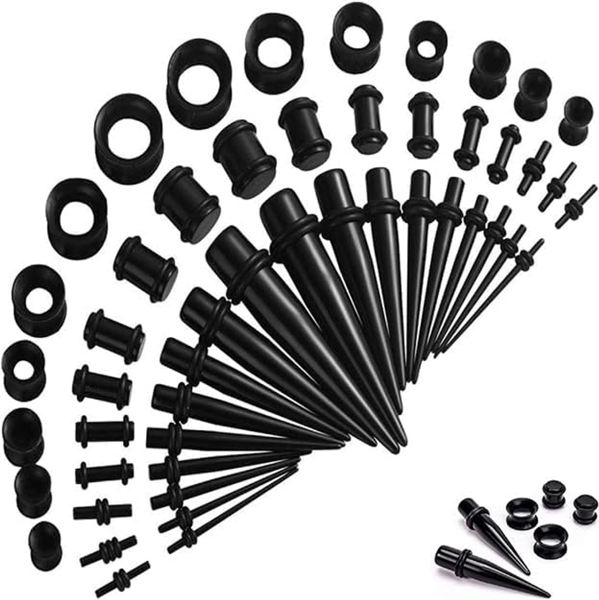 50 stuks siliconen oorelastiekjes, 1,6 - 10 mm, tunnel voor het uitrekken van het oor, uitbreidingsset voor kaliber, acryl, oorstretcher, zwart, M, acryl en siliconen, 0