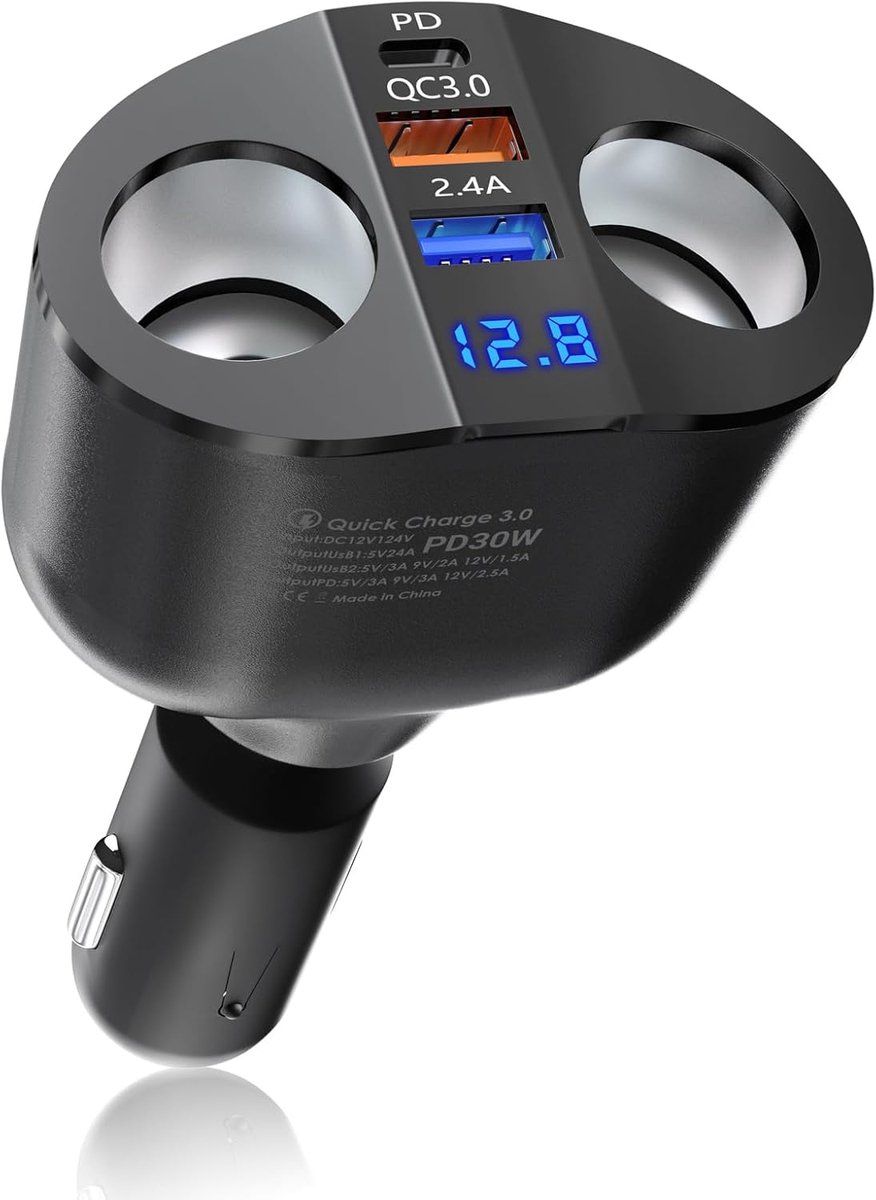 PD USB C Autolader 120W: Multi Poort Sigarettenaansteker Splitter Adapter 12V USB Autostekker 2-weg stopcontact 12 volt DC met LED voltmeter voor Samsung Telefoon GPS Dash Cam Stoelverwarming