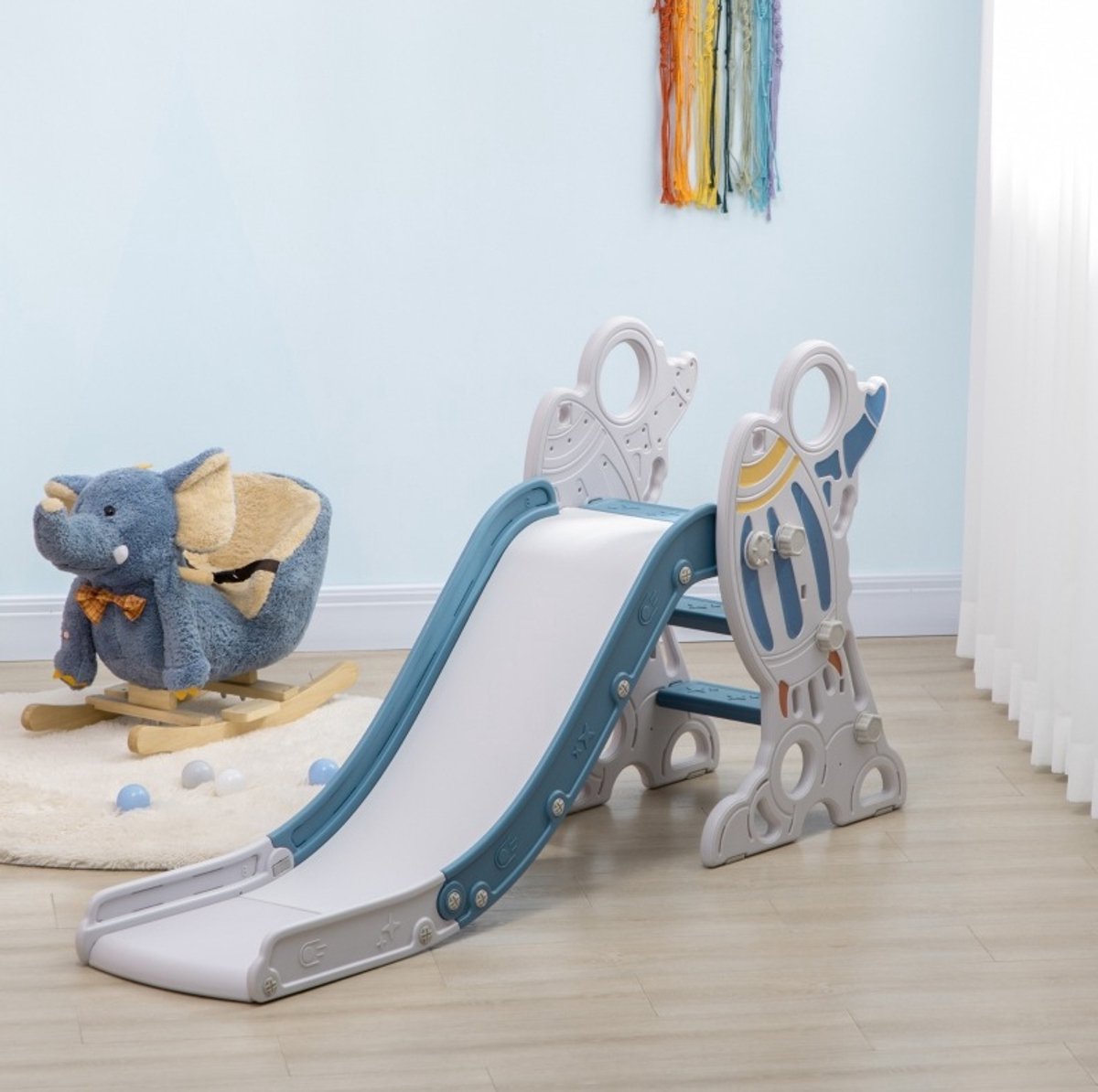 COVREO Kinder glijbaan 157 x 46,5 x 80 cm blauw, kunststof met sticker-set