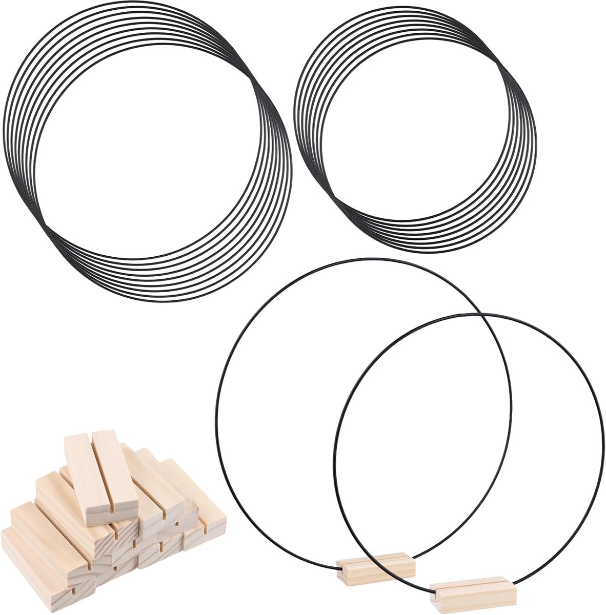 10 stuks metalen ringen om te knutselen, zwart, 30 cm en 25 cm, decoratieve metalen ring met voet, metalen ringen, knutselen, met houten standaard voor doe-het-zelf handwerk
