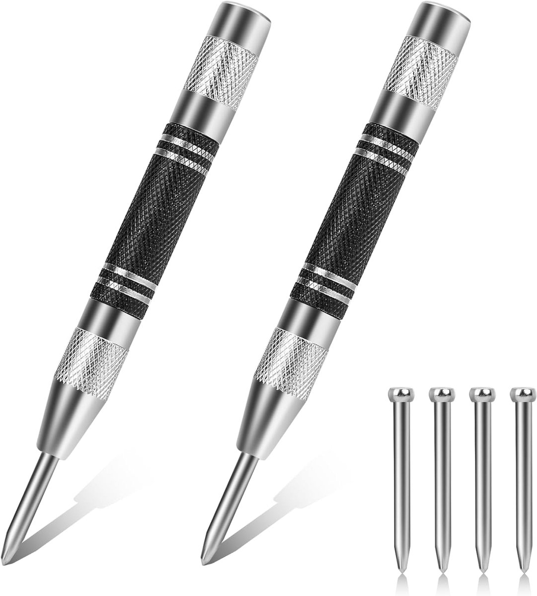 centerpons, set van 2, robuuste veerbelaste centerpons, krachtige automatische centerpons, spanningsverstelbaar centerponsgereedschap met twee reservepunten, voor metaal, glas, hout