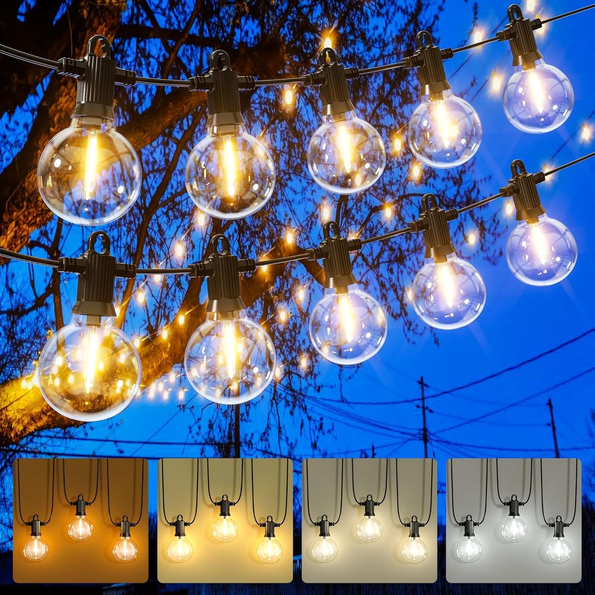 Lichtsnoer voor buiten, 30 m, dimbare lichtketting voor buiten, met 30 + 2 G40 gloeilampen, IP65 waterdicht, lichtketting voor tuin, feesten, balkon, bruiloft (warm geel, warm wit, neutraal wit