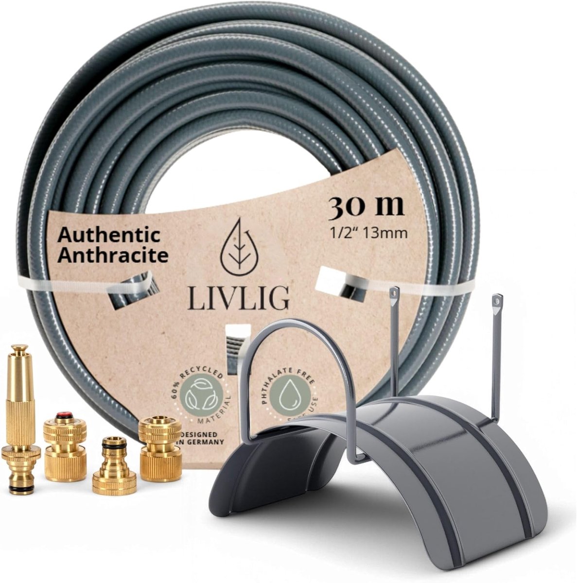SnelShoppen - Tuinslang 1/2 Inch 30 m Set - Water Hose met Wandbeugel en Messing Spuitpistool (Continu Aanpasbaar) & Koppelingen, Irrigatie Kit 30 m,