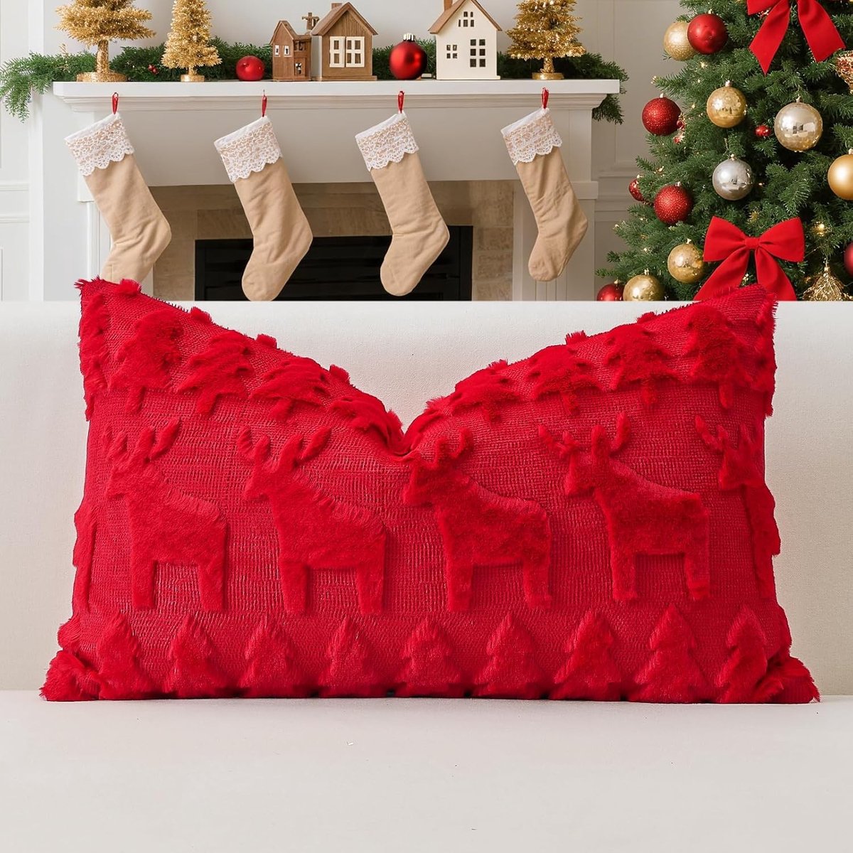 Zachte Pluche Wol Korte Velours Decoratieve Sierkussens voor Kerstmis Luxe Stijl voor Bank en Slaapkamer - Wapiti en Rode Boom 30x50cm