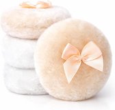 Grande Houppette à Poudre Lot de 4 Houppettes pour Poudre Corporelle Douce Moelleuse Lavable avec Ruban pour Maquillage Femme Blanc Beige