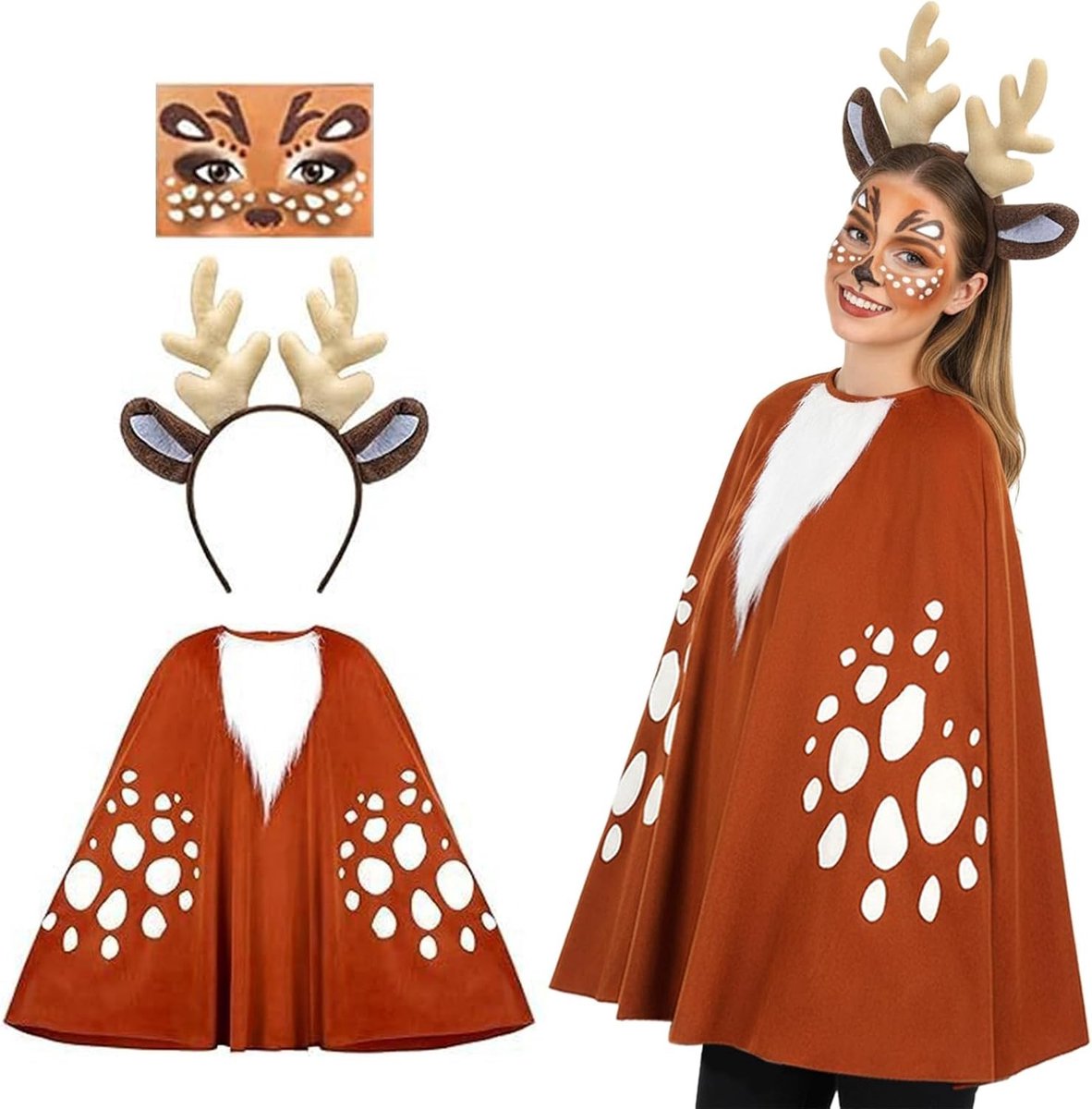 Drie-delig kostuumset voor mannen met cape, rendier hoofdtooi en gezichtstatoeage voor carnaval, kerst en themafeesten