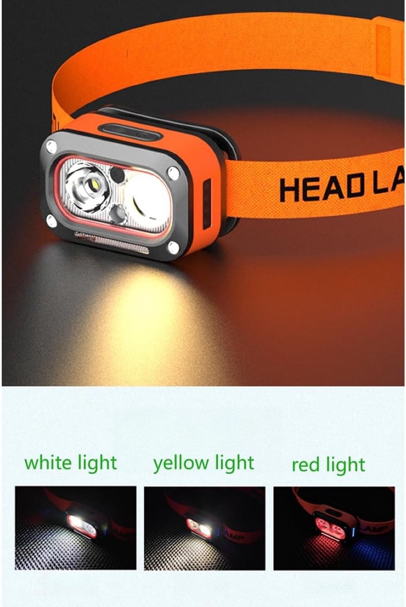 Oplaadbare LED koplampen in wit, geel en rood met 5 modi voor outdoor activiteiten, kamperen en wandelen. Draagbare mini hoofdverlichting met batterijstatus.