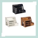 Bureau organizer in zwart, wit en houtkleur met vakken voor documenten, pennen en tissues.
