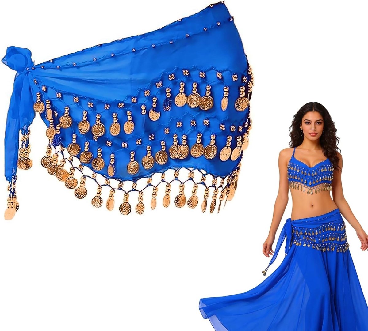 Oriental Dance Belt met Hip Scarves en Sequins voor Buikdans - Chiffon Kostuum voor Feestjes en Optredens - Blauwe One Size 1 Stuk