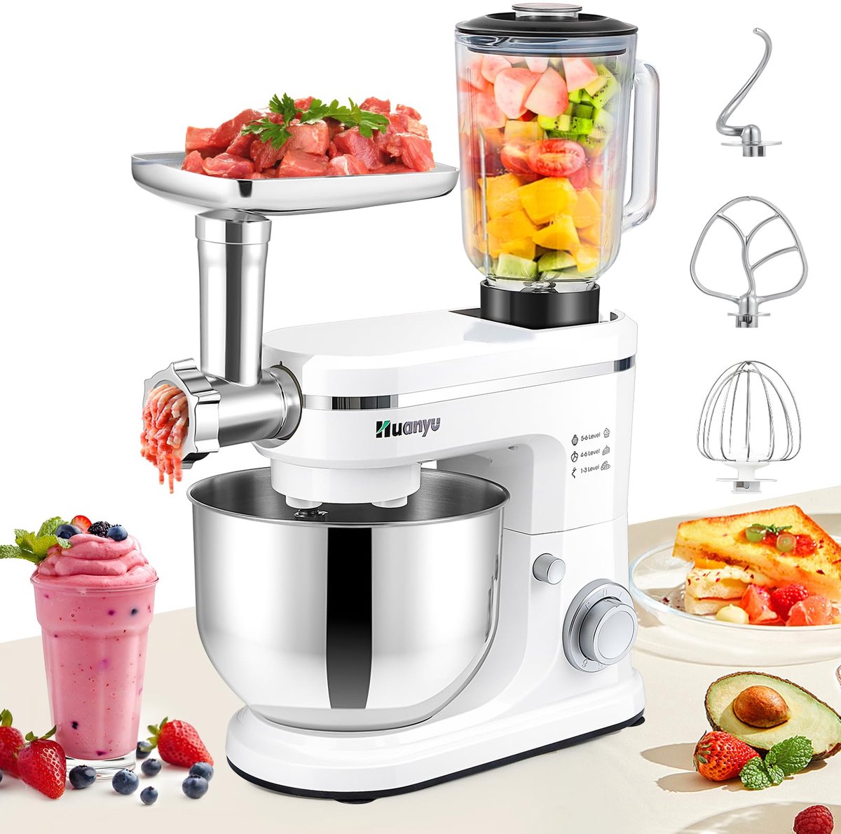 SnelShoppen - 3-in-1 multifunctionele blender met 1,5 liter mixer, vleesmolen en 6 liter roestvrijstalen kom - elektrische keukenmixer met 6 versnelli